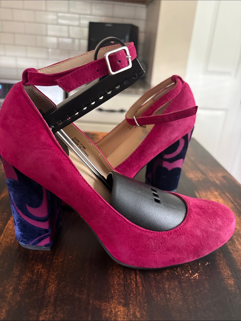 Farylrobin Fuchsia Suede Ankle-Strap Block Heels with Patterned Velvet Heel